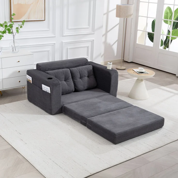 LVHOM 2-Sitzer Sofa aus Cordstoff – Montagefrei, Multifunktionales Schlafsofa mit Getränkehaltern und Seitentaschen, klappbares Gästebett, Grau – Bild 7