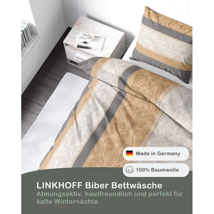 LINKHOFF Bettwäsche Biber Bettwäsche 135x200cm Paisley Anthrazit Beige, 100% Baumwolle, Winterbettwäsche Gestreift Sandfarben, Flanell Fein-Biber