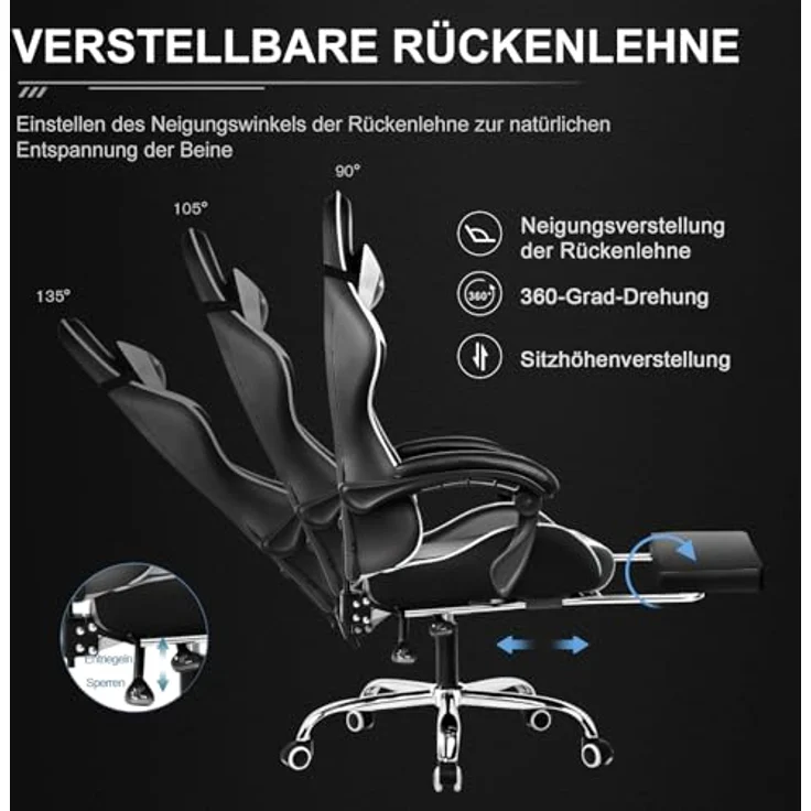GTPLAYER Bürostuhl Gaming Stuhl Massage Gaming Sessel Ergonomischer Gamer Stuhl mit Fußstütze, Kopfstütze Massage-Lendenkissen, Gepolstert Gaming Chair, Drehsessel Weiß – Bild 8