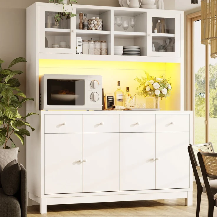 ZUBALIYA Hochbuffetschrank 140*38.5*180cm mit App-gesteuerter RGB-LED / verstellbare Einlegeböden, mit glastüren & 4 Schubladen und belastbar bis 100kg, Naturholz-Optik – Bild 25