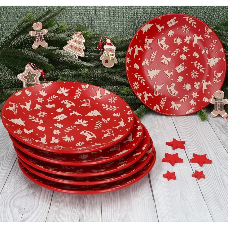 MamboCat Speiseteller 6er Set Advent Speiseteller Ø27cm Steingut Rot Weihnachten Essteller – Bild 3