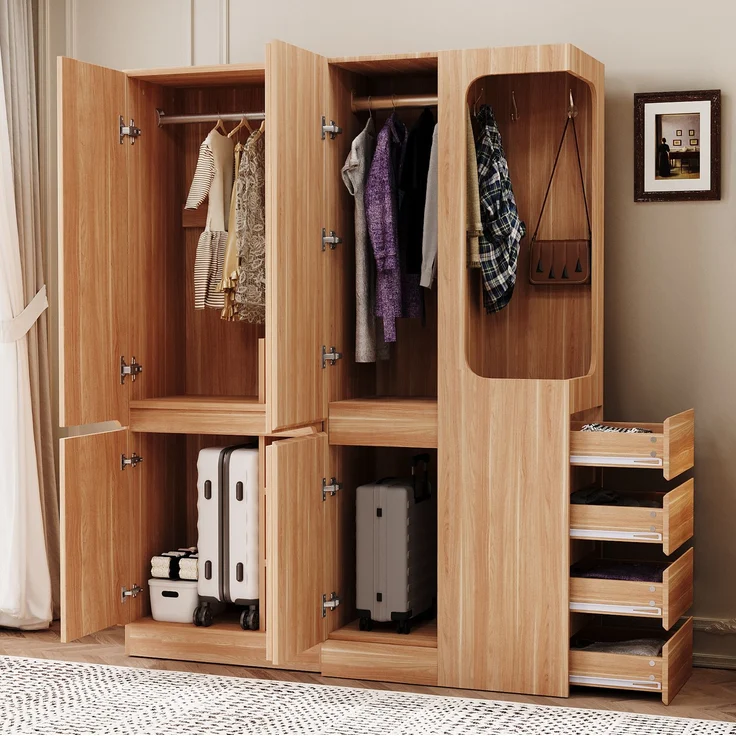 CHICFURN Kleiderschrank aus Holz, Naturholz, 140x170x40 cm, mit 4 Schubladen und offenem Hängebereich – Bild 2