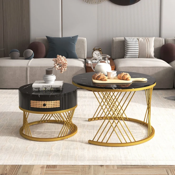 2-in-1 Couchtisch-Set rund mit Marmorplatte & Rattan-Schublade in Schwarz/Gold - 70x70x45,5 + 50x50x38,5 cm – Bild 5