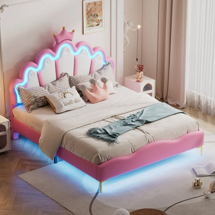 Flieks Polsterbett, LED Kinderbett Doppelbett mit krone-Form Prinzessinnenbett 140x200cm – Bild 2