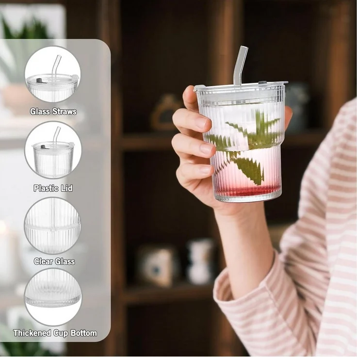 FANNOU Gläser-Set Gerippte Glasbecher mit Deckel und Strohhalm, 2-tlg, luftdichtes und wasserdichtes Design, ideal als Kaffee – Bild 3