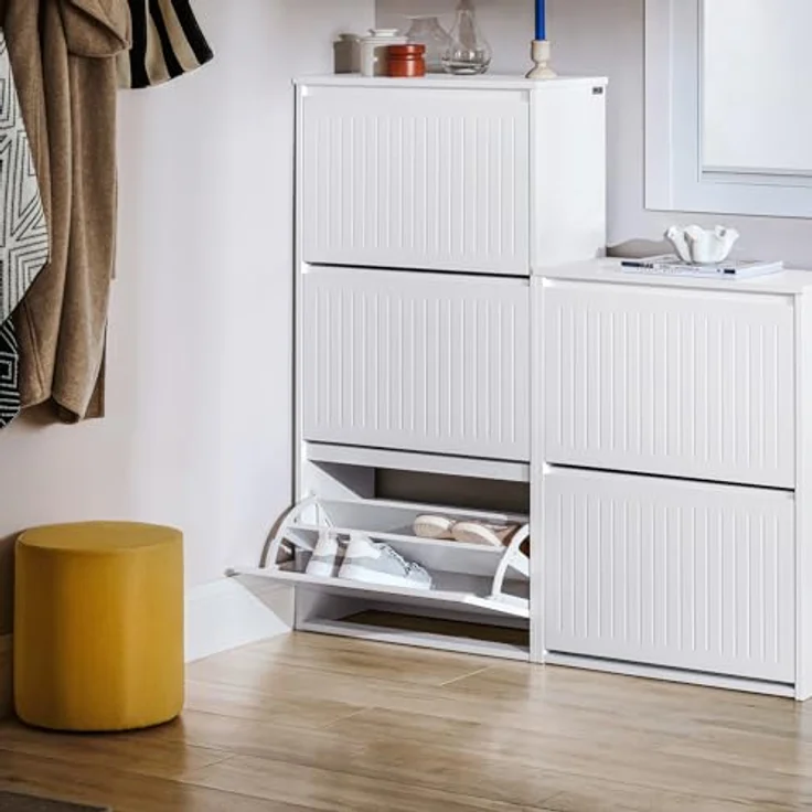 SoBuy Schuhschrank, Weiß, 3 Klappfächer, verstellbare Böden, 61x120x26 cm, Schuhaufbewahrung – Bild 4