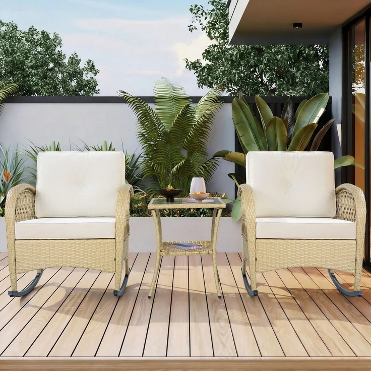 Balkonset mit 1 quadratischem Glastisch und 2 Schaukelstühlen, 3-tlg, Loungeset, Gartenmöbel, Metallrahmen, Polyrattan – Bild 3