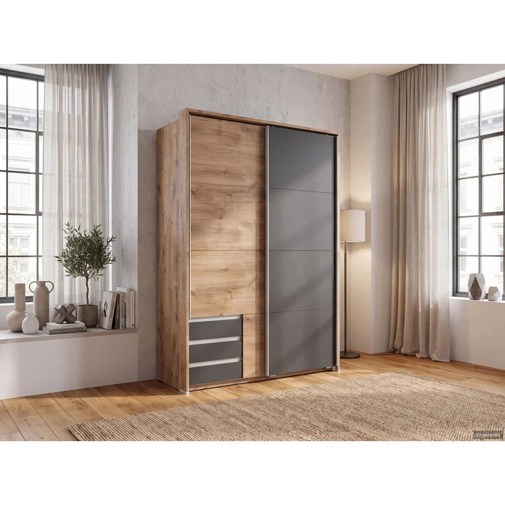 Schwebetürenschrank 2türig Kleiderschrank 138 cm Eiche Dekor Grafit Passepartout – Bild 3