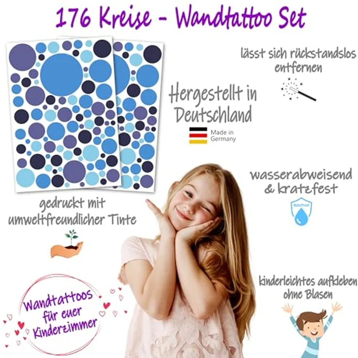 PUNALU Wandtattoo Kreis Set 176 Stück Wandtattoo Babyzimmer Kinderzimmer Kreisaufkleber, selbstklebend, rückstandslos abziehbar – Bild 8