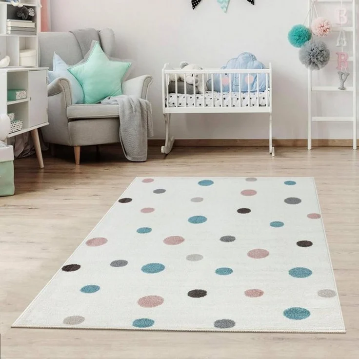 Jimri Kinderteppich DOTS l Pünktchen Gepunktet | Farbe: Beige Blau Rosa | Kinderzimmer/Jugendzimmer (White, 120x170 cm) – Bild 4