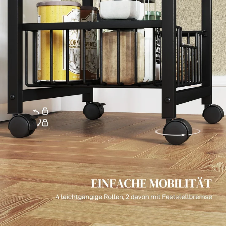 Küchenwagen 49,5 x 31 x 91 cm mit MDF-Arbeitsplatte und 4 ausziehbaren Stahlkörben in Eiche – Bild 5