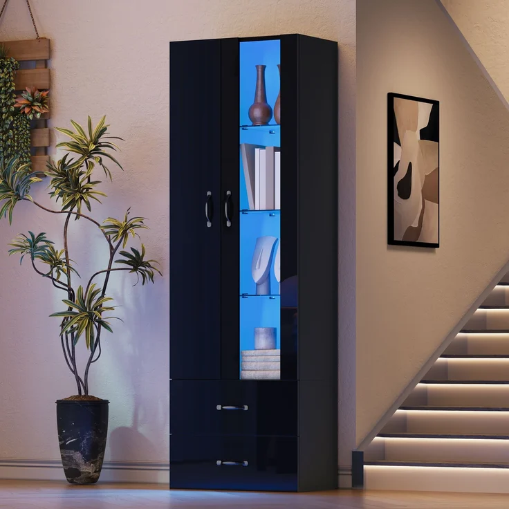 LED-beleuchtete Vitrine, 2 Türen, Standvitrine mit transparenter Tür, freistehende Vitrine LED-Vitrine Wohnzimmer Wohnzimmerwand LED-Vitrine LED-Schrank Buffetschrank,Schwarz--Schwarz--59.5x35x182cm--YOUDENOVA – Bild 2