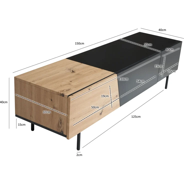 Lowboard Schwarz mit Eiche-Dekor 150x40x40 cm TV-Kommode Modern, Design TV-Sc... – Bild 3