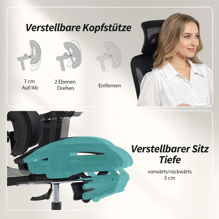 Bürostuhl Ergonomisch Schreibtischstuhl mit verstellbar Lenden- und Kopfstütze 6D-Klapparmlehnen Fußstütze Netz Schwarz--Schwarz--71x67x133cm--YOUDENOVA – Bild 6
