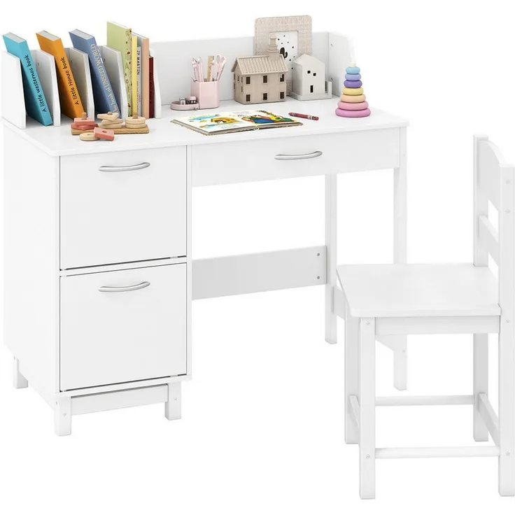 COSTWAY Kinderschreibtisch (2-St), mit Stuhl set, 3 Schublade, ab 3 Jahren