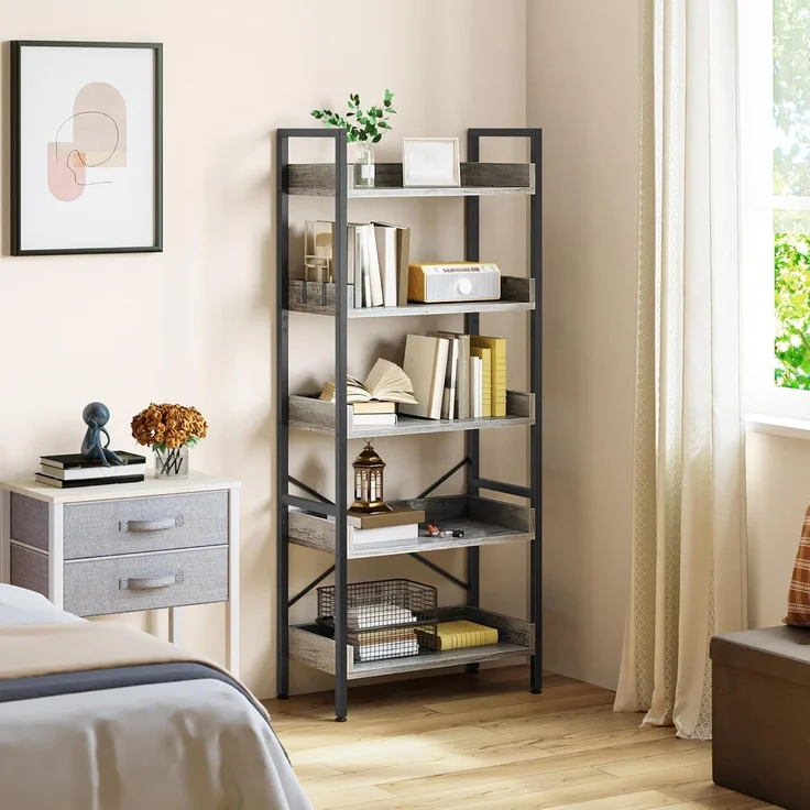 YITAHOME 5-stöckiges schmales, hohes Bücherregal, offenes Bücherregal mit 4 Haken, industrielles Lagerregal für Wohnzimmer, Home Office, graues freistehendes Regal – Bild 4