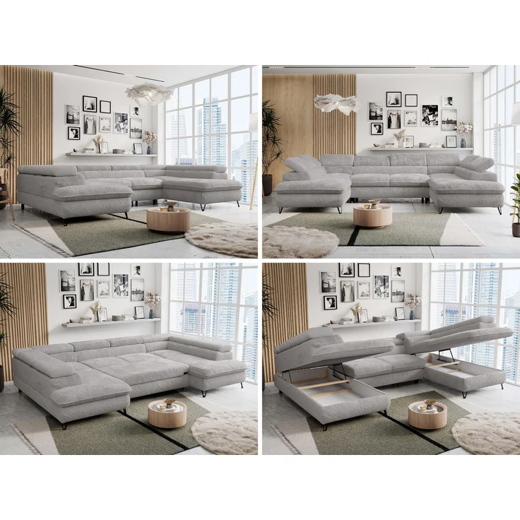 Ecksofa U-Form, mit Bettkasten, Bettfunktion und Einstellbare Kopfstützen, Sofa big XXL - PETER U - Hellgrau Plüsch – Bild 2