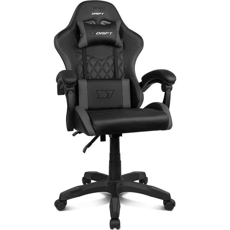 DRIFT GAMING DR35 Professioneller ergonomischer Gaming-Stuhl mit Lendenwirbelstütze und verstellbaren 2D-Armlehnen, 135° neigbar, robuste Basis, leise Rollen, Bezug aus Kunstleder, Schwarz/Grau