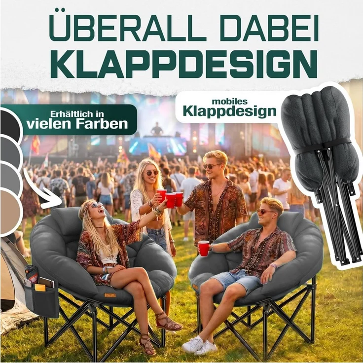 KESSER Campingstuhl Chillexer, faltbar, 150 kg Klappstuhl mit Kissen, Seitentasche & Cover, Relaxstuhl Outdoor + Indoor für Camping, Angeln, Festival, Strand, 110 × 110 × 110 cm – Bild 4