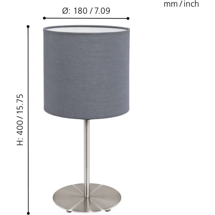 Eglo 31596 Tischlampe PASTERI nickel-matt, Textil grau E27 max. 1X60W H:40cm Ø18 mit Kabelschalter – Bild 2