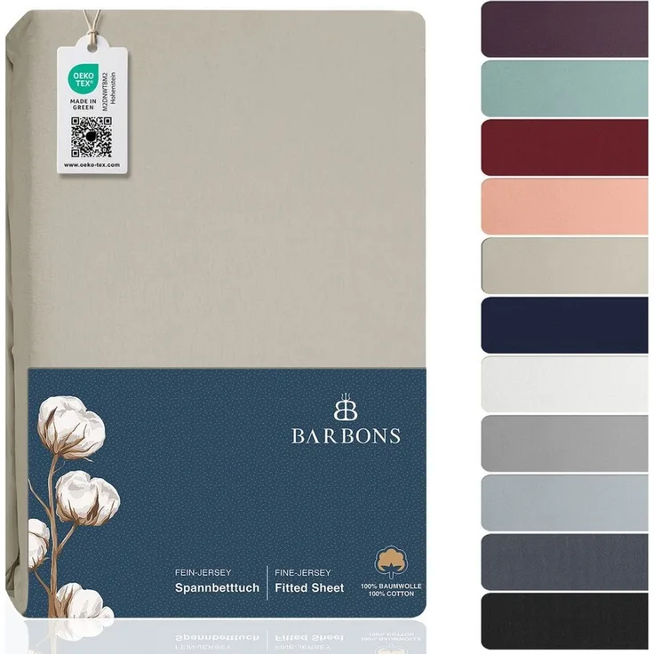 BARBONS Spannbettlaken Jersey Bettlaken, 145 g/m² Spannbetttuch, bis zu 25cm Höhe, Topper, Jersey aus 100% Baumwolle, Gummizug: rundum, (1 Stück), Rundumgummi, Atmungsaktiv