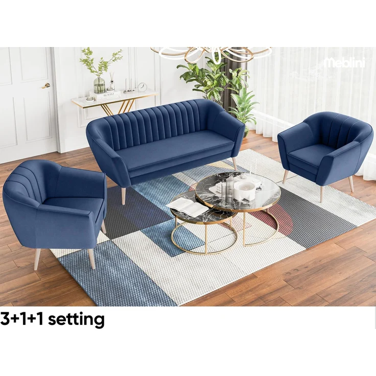 MEBLINI Sofa-Set KAIA 3+1+1 - Blau Samt - für Wohnzimmer - Mini Lounge für fünf Personen - Küchensofa - Sofa Klein - Sitzgarnitur - Polstergarnitur - Sofagarnituren – Bild 2