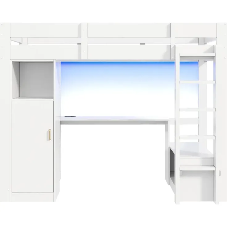 Hochbett mit Schreibtisch, LED-Streifen, Lattenrost, Trittleiter, Regale, Kleiderschrank und USB, 90x200 cm, Kinderbett, Einzelbett, Kiefer – Bild 7