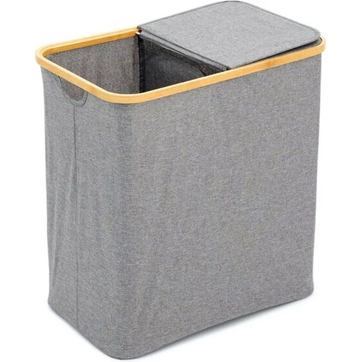 HAC24 Wäschesortierer Faltbarer Wäschekorb Wäschebox Wäschesammler für Bad & Schlafzimmer (1 St), 90L – 2-Fächer mit Deckel 53,5 x 33 x 56 cm aus Bambus & Polyester – Bild 4