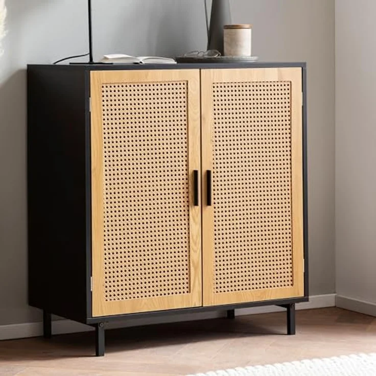 Sideboard 80x86,5x40 cm Kommode Schwarz mit Wiener Geflecht, Hoher Kommodensc... – Bild 3