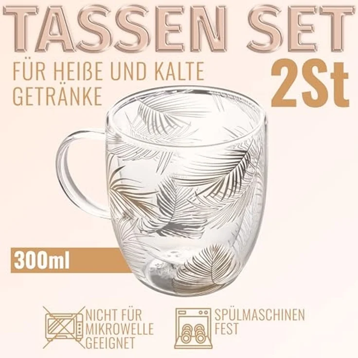 KVOTA Thermoglas Doppelwandiges Glas 2-er Set je 300 ml Thermogläser Design „Tropen“, 2-tlg, Glas, Tropen-design, doppelwandig – Bild 3