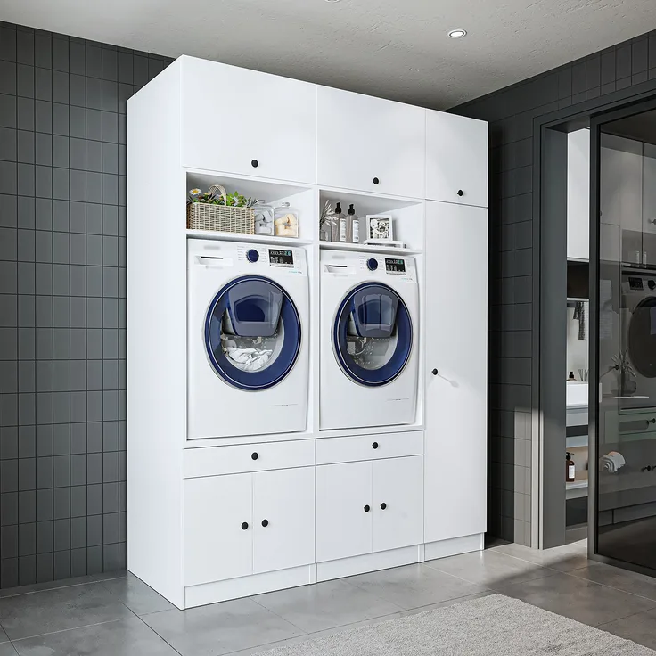 Roomart Schrankwand für Waschküche & Hauswirtschaftsraum – SERIE 1 – 179 cm breit – mit Ausziehbrett – Waschmaschinenschrank & Stauraumlösung • Weiß
