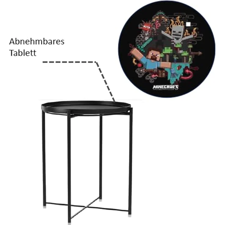 Minecraft Beistelltisch, rund, schwarz, Metall, 47x51x47 cm, mit abnehmbarem Tablett – Bild 5