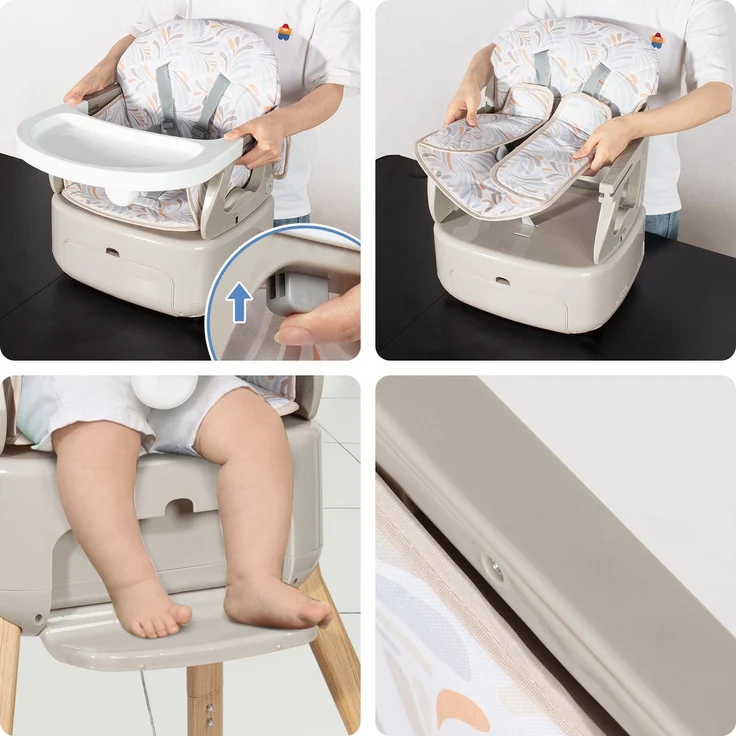 Leogreen Baby Hochstuhl 4 in 1 Babystuhl, Höhenverstellbar und Klappbar kinderhochstuhl, 5-Punkt-Gurt, abnehmbare Tablett, Fußstütze, Rutschfeste Stuhlbeinkappen, ab 6 Monate bis 3 Jahre, Grau – Bild 6