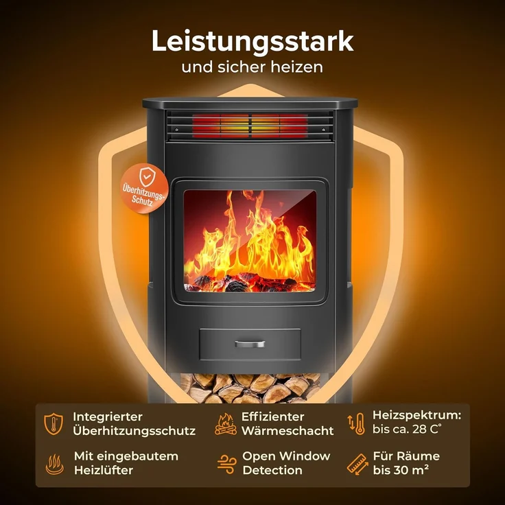 KESSER® Prio Elektrokamin mit Heizung Heizlüfter Fernbedienung WiFi App 950/1900 W Kamin elektrisch LED-Flammeneffekt Kaminfeuer Elektro Kamin mit Thermostat Panorama-Sichtfenster Heizfunktion Timer Schwarz, Xtra-Large – Bild 3