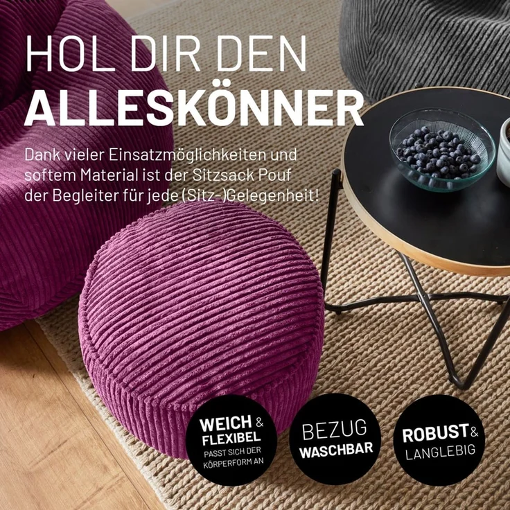 Lumaland Pouf Sitzsack-Hocker Pouf rund Cord 50l weinrot, supersofte Füllung EPS-Perlen – Bild 3