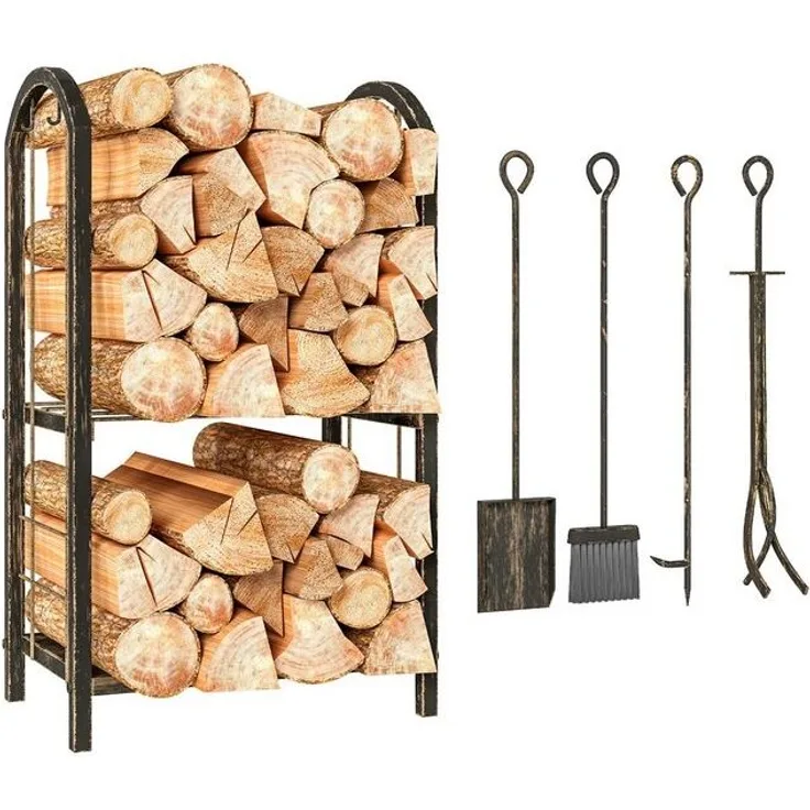 Outsunny Kaminholzregal Brennholz-Ständer, BxTxH:43x30x74 cm, (2 Regale, 1-St, 4 Kaminwerkzeuge), Metallrahmen, Kaffee-Braun