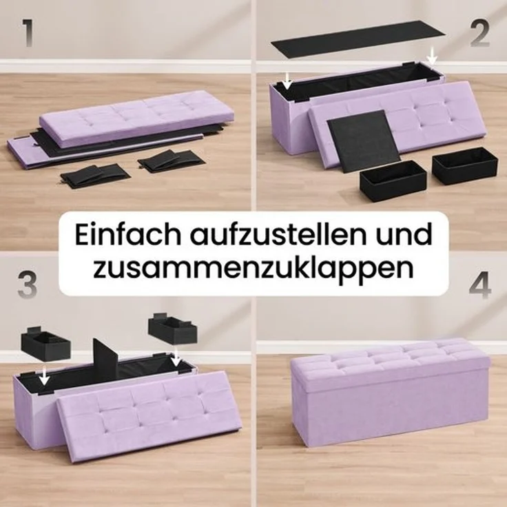 SONGMICS Sitzbank mit Stauraum, klappbare Sitztruhe, 38 x 110 x 38 cm, Bettbank, bis 300 kg belastbar, für Flur, Wohnzimmer, Schlafzimmer, lavendellila LSF277P01 – Bild 5
