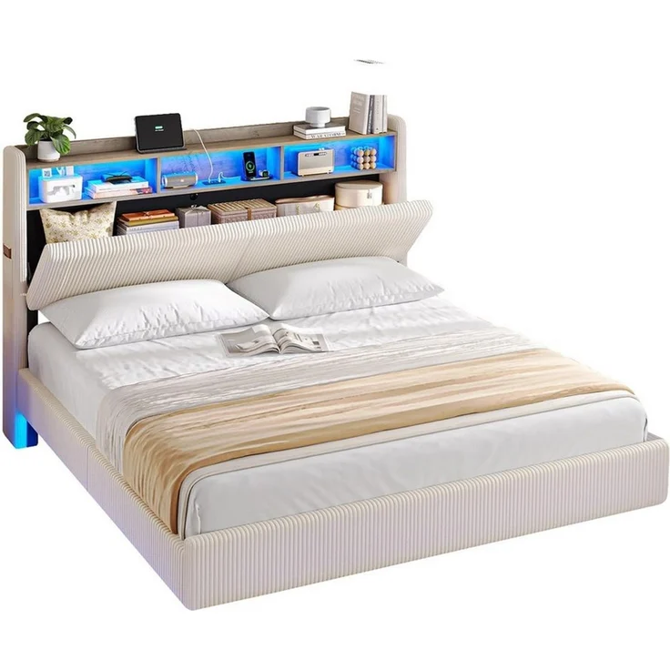 MSMASK Polsterbett Schwebebett mit 270°-LED-Beleuchtung, USB & Type-C Ladestation (Ohne Matratze), Doppelbett mit Stauraum-Kopfteil 160x200 cm – Bild 3