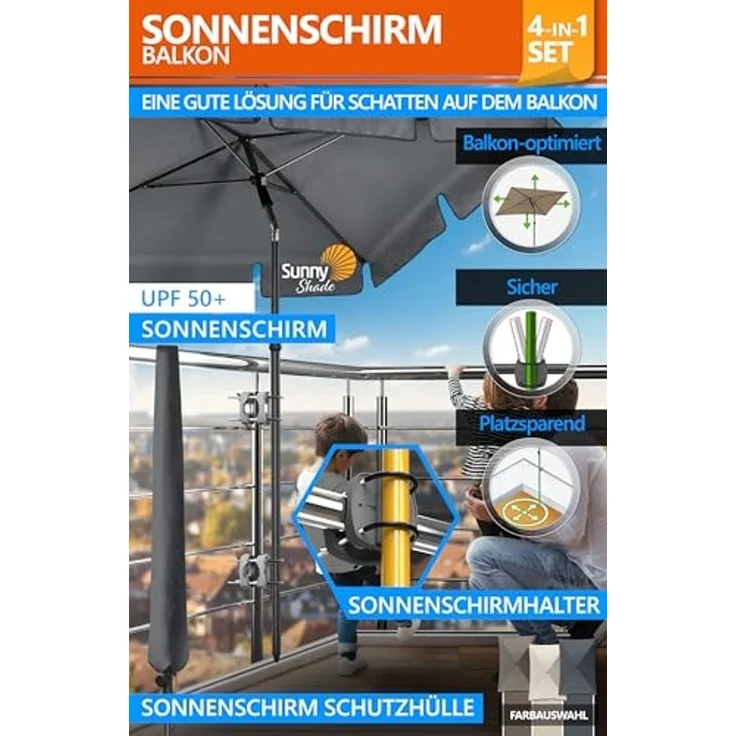 4smile Sonnenschirm Balkon SunnyShade, 200x125 cm, Anthrazit - UPF 50+ Sonnenschirm rechteckig als Sonnenschutz Balkon - SunnyEasy Balkon-Schirm mit 2 x Sonnenschirmhalter + Sonnenschirmhülle – Bild 2