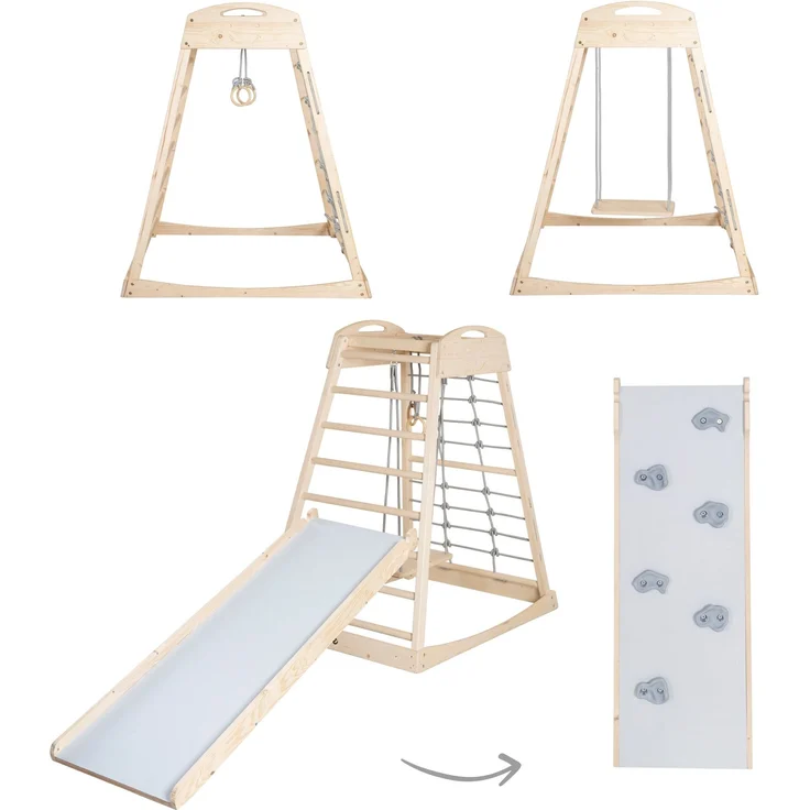 roba Montessori Indoor Spielturm inkl. 2in1 Rutsch- & Kletterbrett, Kletternetz- & Sprossenseite, Schaukel & Turnringen - Geeignet ab 24 Monaten - Belastbar bis 70 kg - Holz natur – Bild 3
