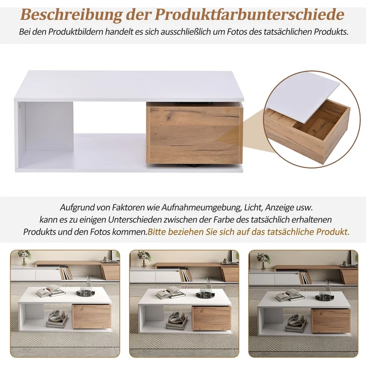 Couchtisch, MDF mit 1 Schublade & 360° Drehfunktion, 90x50x30 cm, Weiß + Holzfarbe – Bild 7