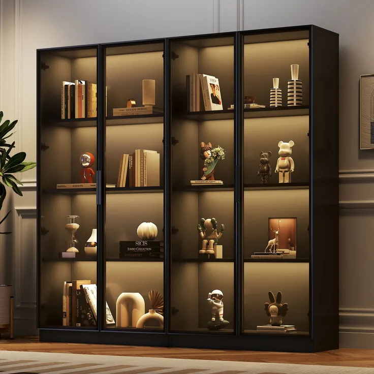 Glasvitrine mit APP-gesteuerter LED-Beleuchtung, 4-türiger Lagerschrank mit Rollregalen, Wohnzimmer-Hochschrank, freistehender Vitrinenschrank, Badezimmerschrank--Schwarz--160x40x160cm--YOUDENOVA