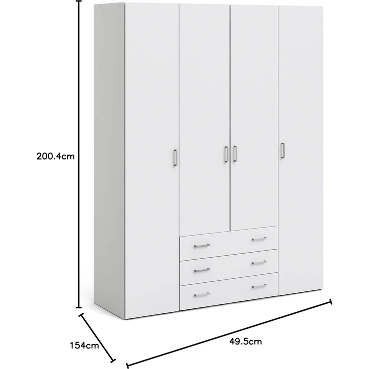 Kleiderschrank mit vier Türen und drei Schubladen, Farbe Weiß, Maße 154 x 200 x 49 cm – Bild 3