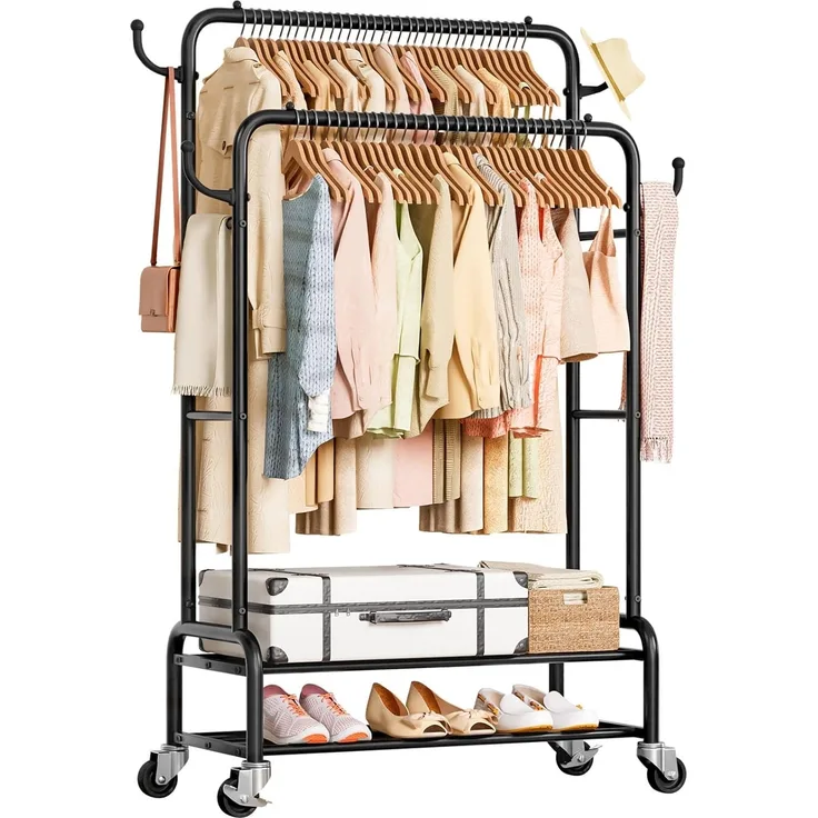 Yorbay Kleiderständer Doppelstange Garderobenständer auf Rollen, mit 2 Ablage, Schwarz, Groß Clothes Rack aus Metall bis 120 kg Belastbar, 90 cm Breit