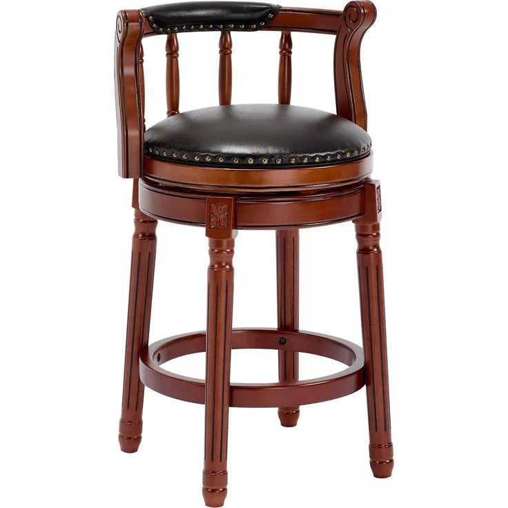 Barhocker aus Holz mit Kuhfellbezug, 360° drehbar, mit Rückenlehne, Barhocker in Tresenhöhe für Küche, Esszimmer und Bar – Schwarz – 54,8 x 54,8 x 96 cm – YOUDENOVA
