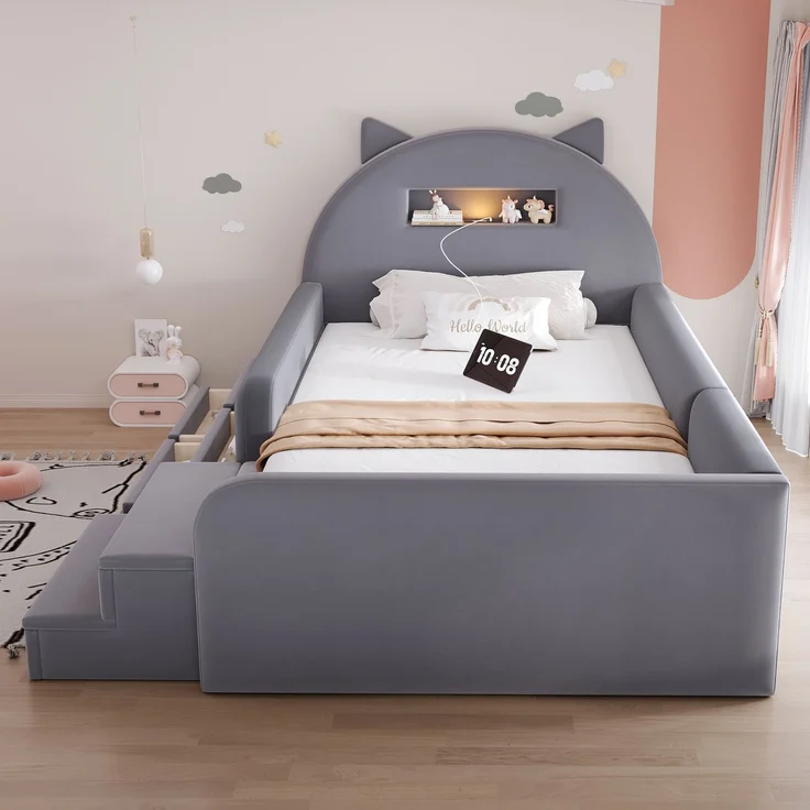 LVHOM Kinderbett 90x200cm mit Rausfallschutz, Polsterbett mit Nachtlicht, USB, Schubladen und Stufenbank, Samt, Dunkelgrau – Bild 9