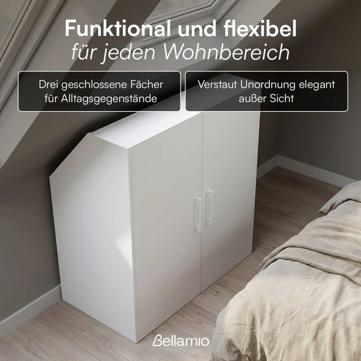 Bellamio 'Aland' Dachschrägenregal mit Türen, weiß, 100x52x90 cm, Schrank für Dachschräge mit 3 Fächern – Bild 3
