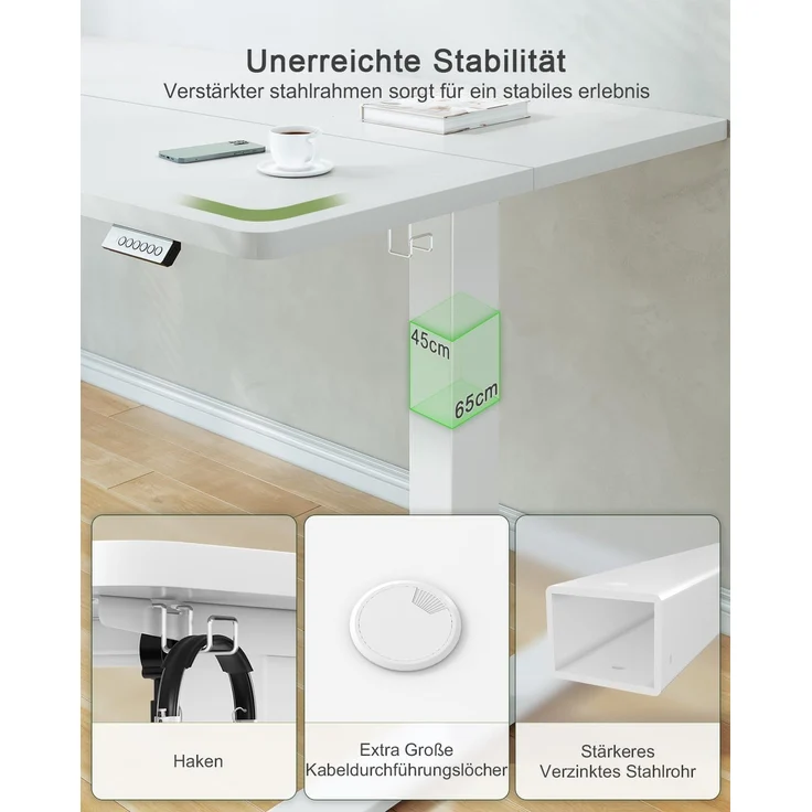 JUMMICO Höhenverstellbarer Schreibtisch mit USB-Ladeanschluss 100x60 cm, Schreibtisch Höhenverstellbar Elektrisch, Steh-Sitz Tisch Stehpult Verstellbarer Computertisch,Standing Desk,Weiß – Bild 5