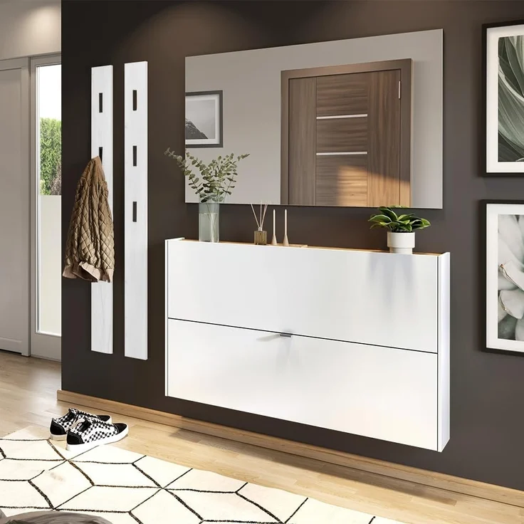 Lomadox Schuhschrank ABERDEEN-01 140 cm breit, in weiß mit Eiche, wandhängend, 2 Klappen – Bild 4