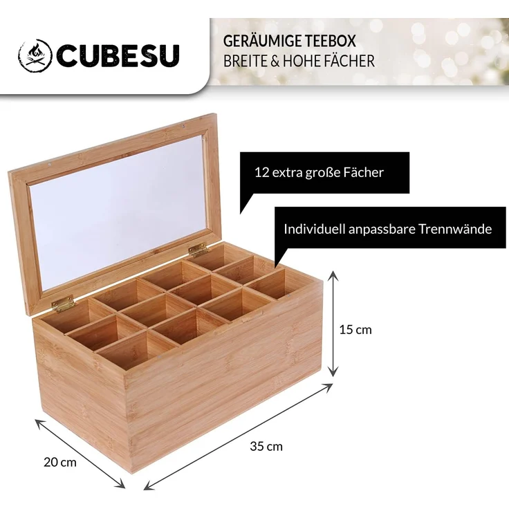 Cubesu Teebox Premium Holz Teebeutelbox Teekiste Teebeutel Box, Bambus, 12 Fächer mit Sichtfenster & Schublade – Bild 2